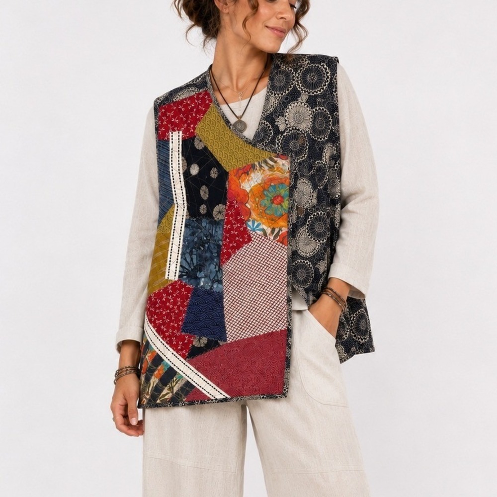 Artsy Patchwork Quilted Vest XL Handmade Asymmetric Lagenlook Art To Wear Boho